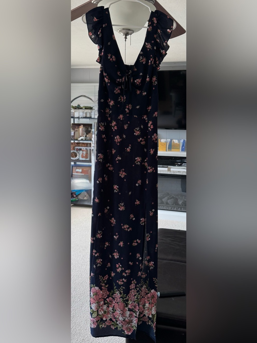 Navy Floral Maxi Dress with Ruffle Straps